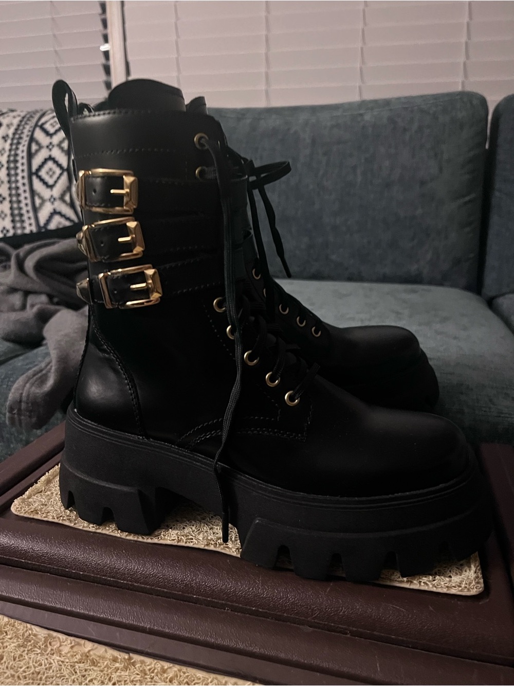 Chunky Black Lace-Up Combat Boots with Gold Buckles